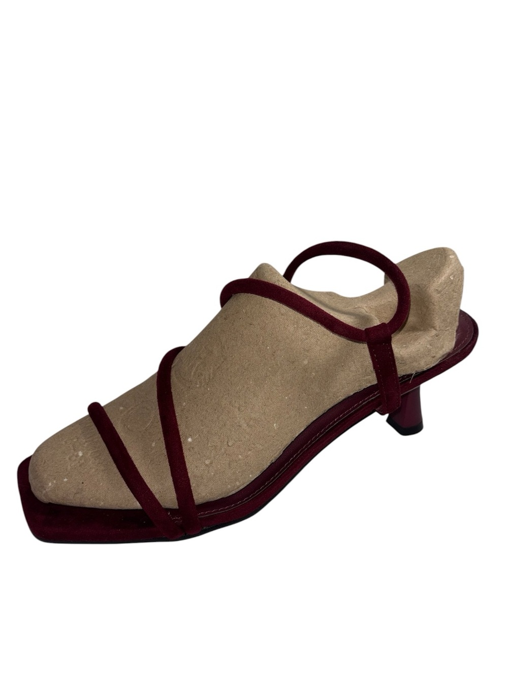 Jason Wu Open Toe Sandals Soft Suede Burgundy Strappy Kitten Heel Comfort Sole